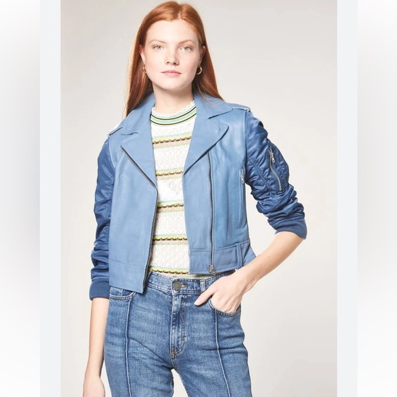 SANDRO Blue Ruched Shell-Paneled Sleeves Leather Goat Biker Jacket - Picture 1 of 16
